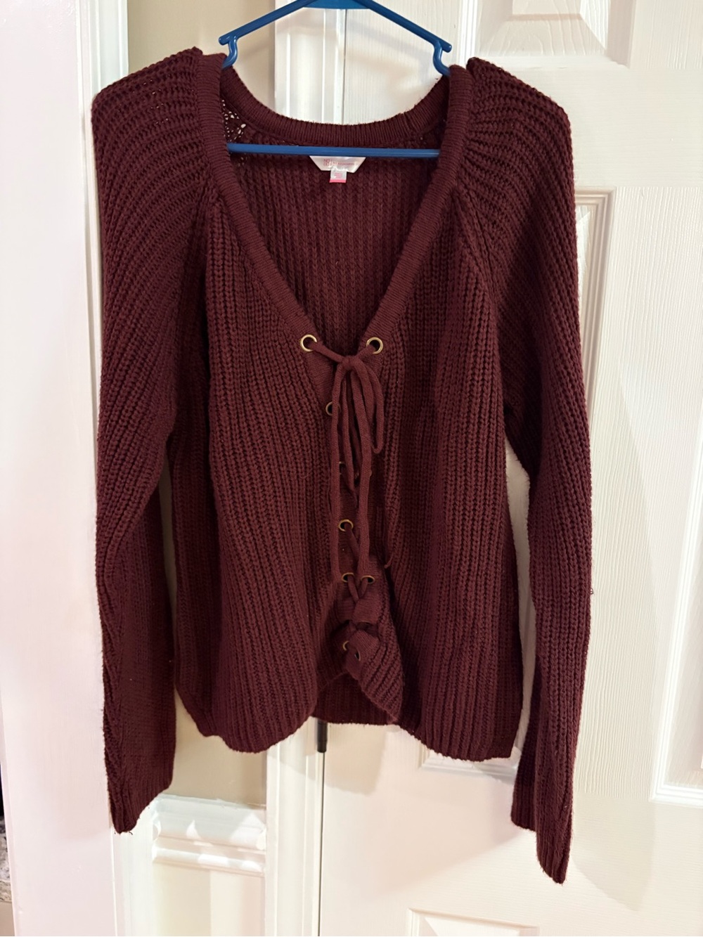 No Boundaries Lace-Up V-Neck Knit Sweater - Burgundy